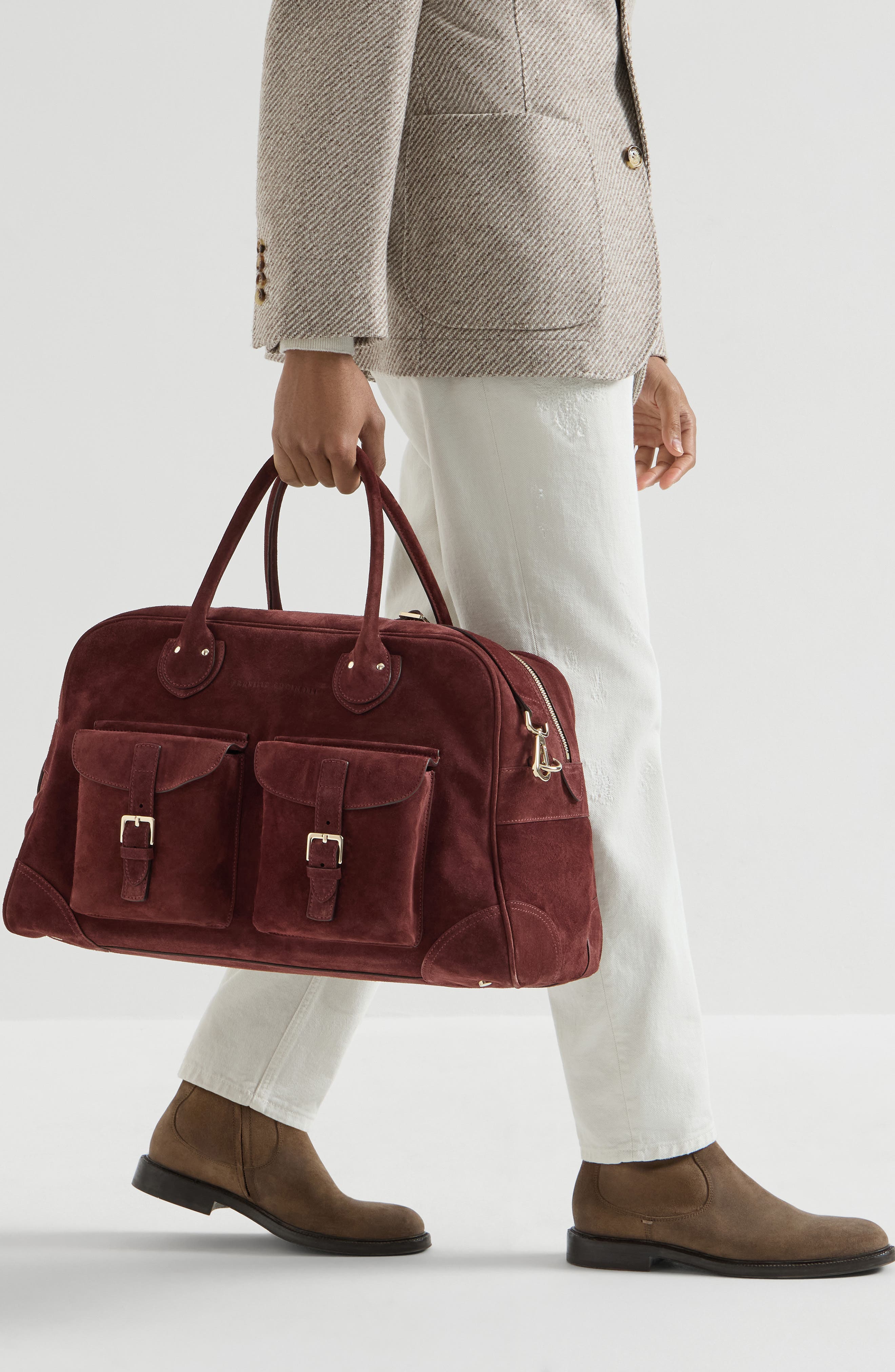 Brunello Cucinelli Suede weekender bag, Alternate, color, Burgundy