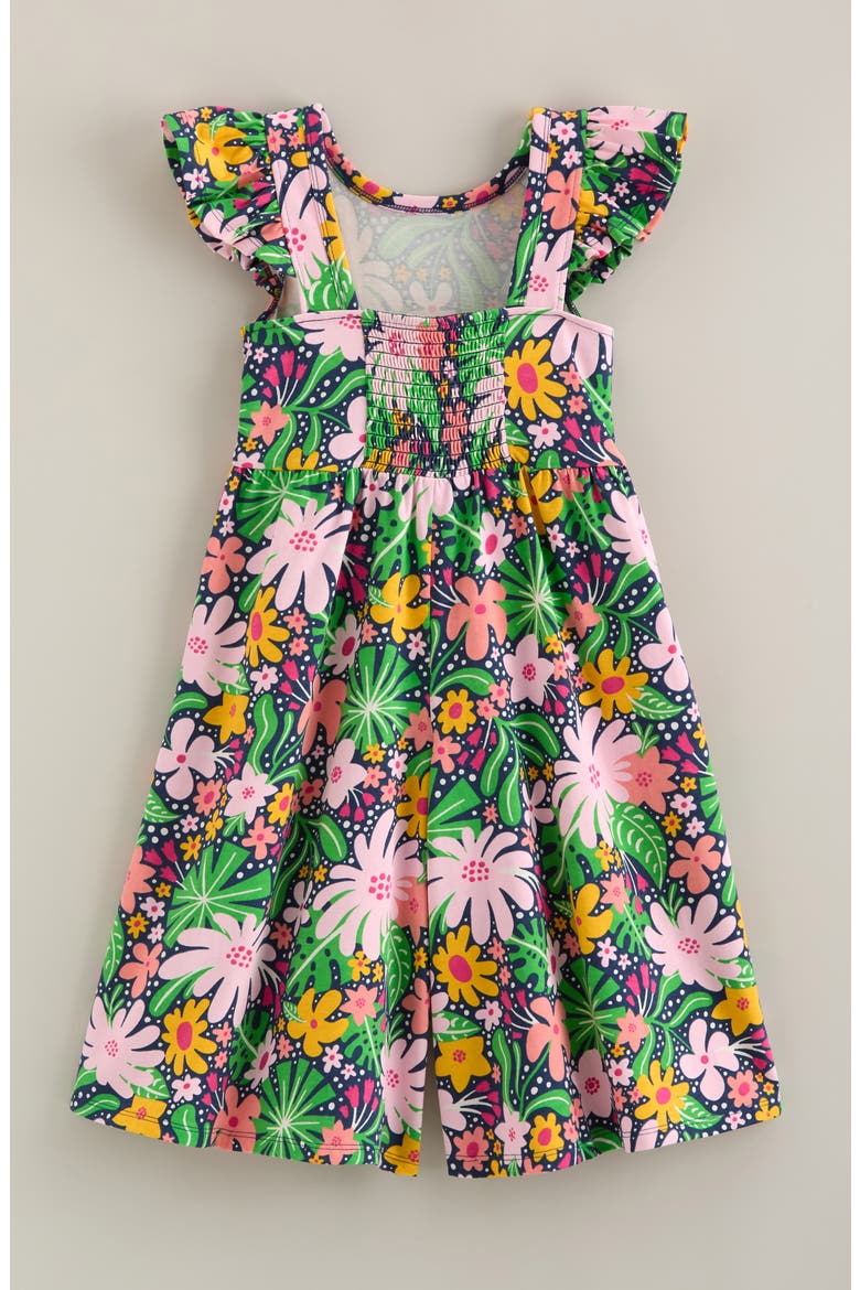 Kids' Print Flutter Sleeve Romper, Alternate, color, NAVY TROPICAL FLORAL