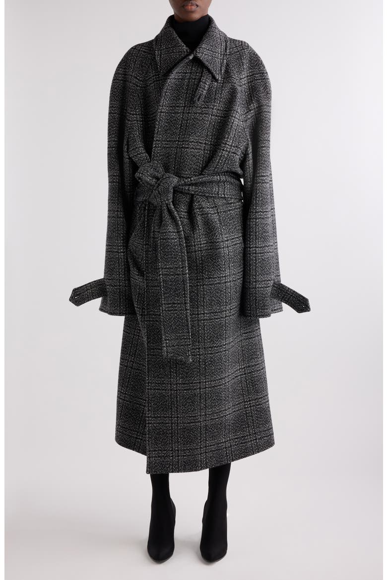Check Oversize Wool Belted Coat, Main, color, BLACK/ GREY