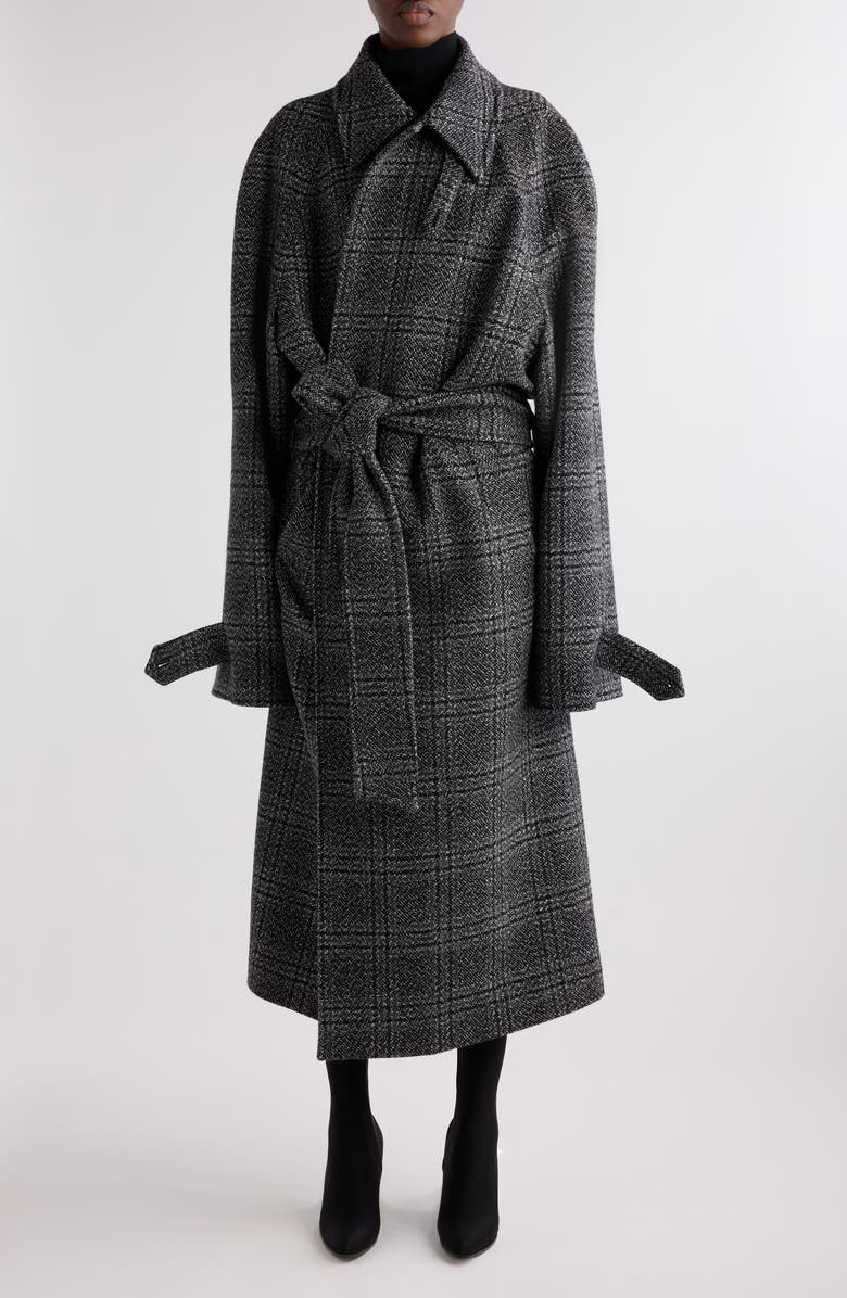 Balenciaga Check Oversize Wool Belted Coat, Main, color, Black/ Grey