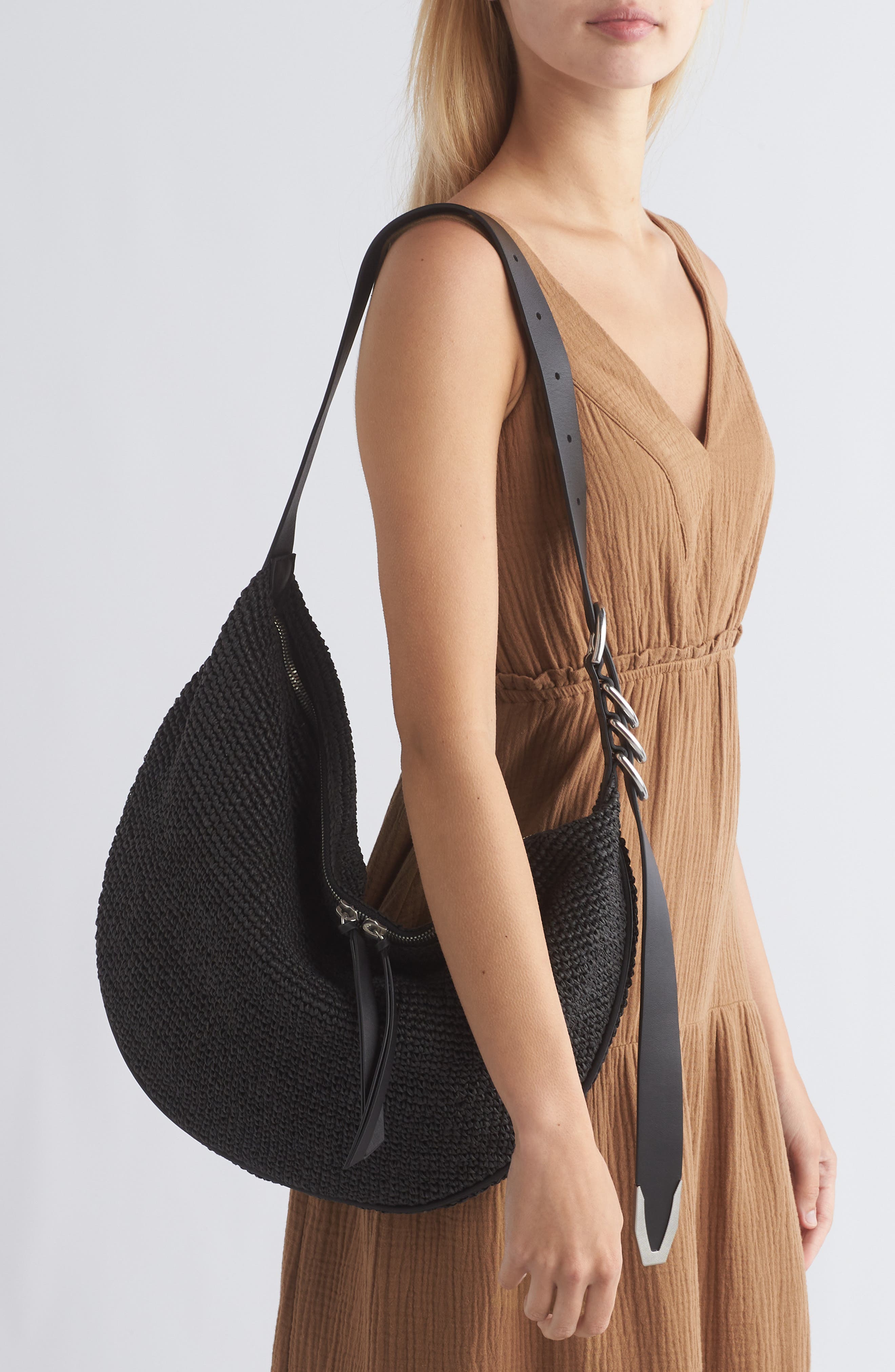 rag & bone Spire Straw Hobo Bag, Alternate, color, Black