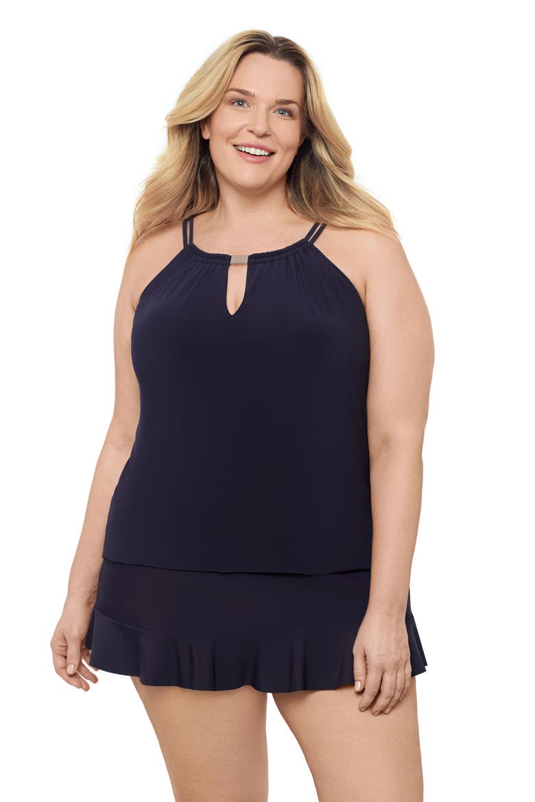 Plus Size Keyhole High Neck Full Coverage Adjustable Tankini Swimsuit Top, Main, color, True Navy