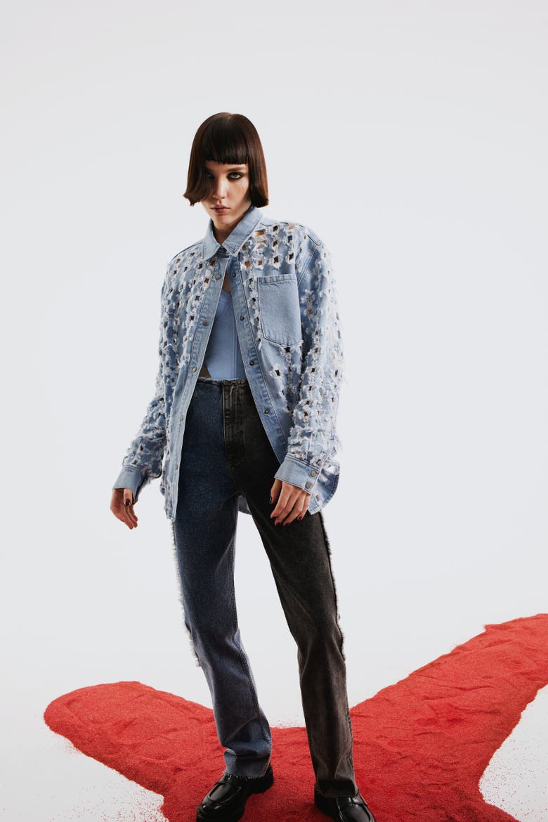 Perforated Denim Shirt, Alternate, color, blue