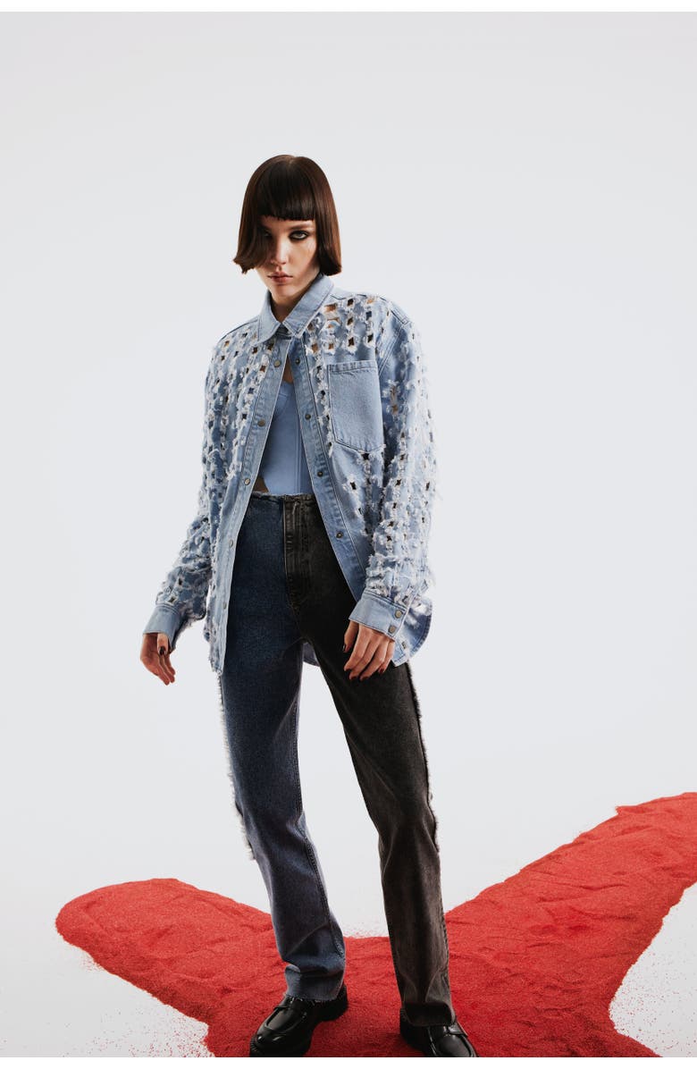 PCFG Perforated Denim Shirt, Alternate, color, Blue