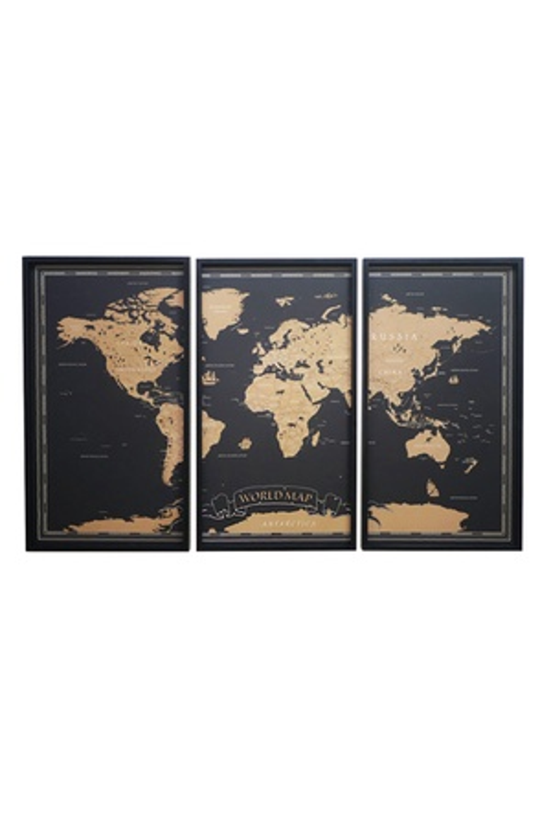 Wood Black 3-Part World Map Wall Art, 30 Inch Decorative Panel Set, Main, color, Black
