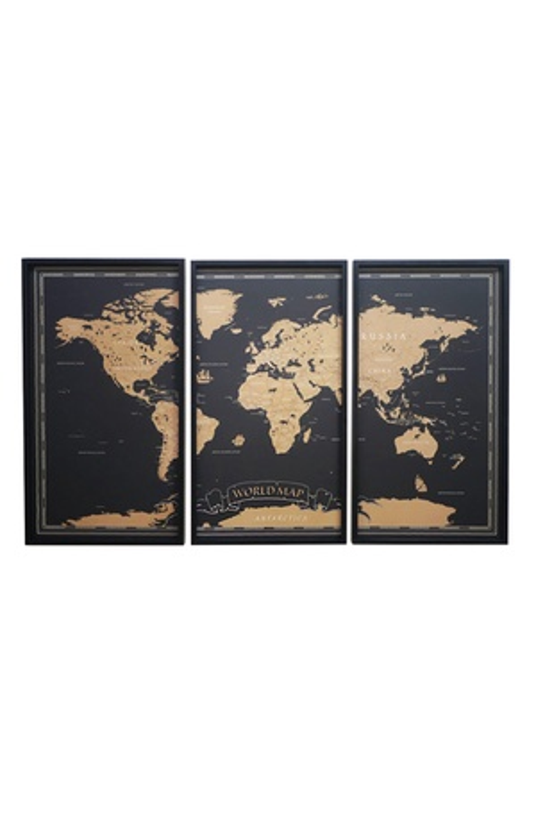 VIP Home and Garden VIP Wood Black 3-Part World Map Wall Art, 30 Inch Decorative Panel Set, Main, color, Black