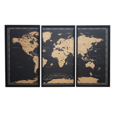 VIP Wood Black 3-Part World Map Wall Art, 30 Inch Decorative Panel Set