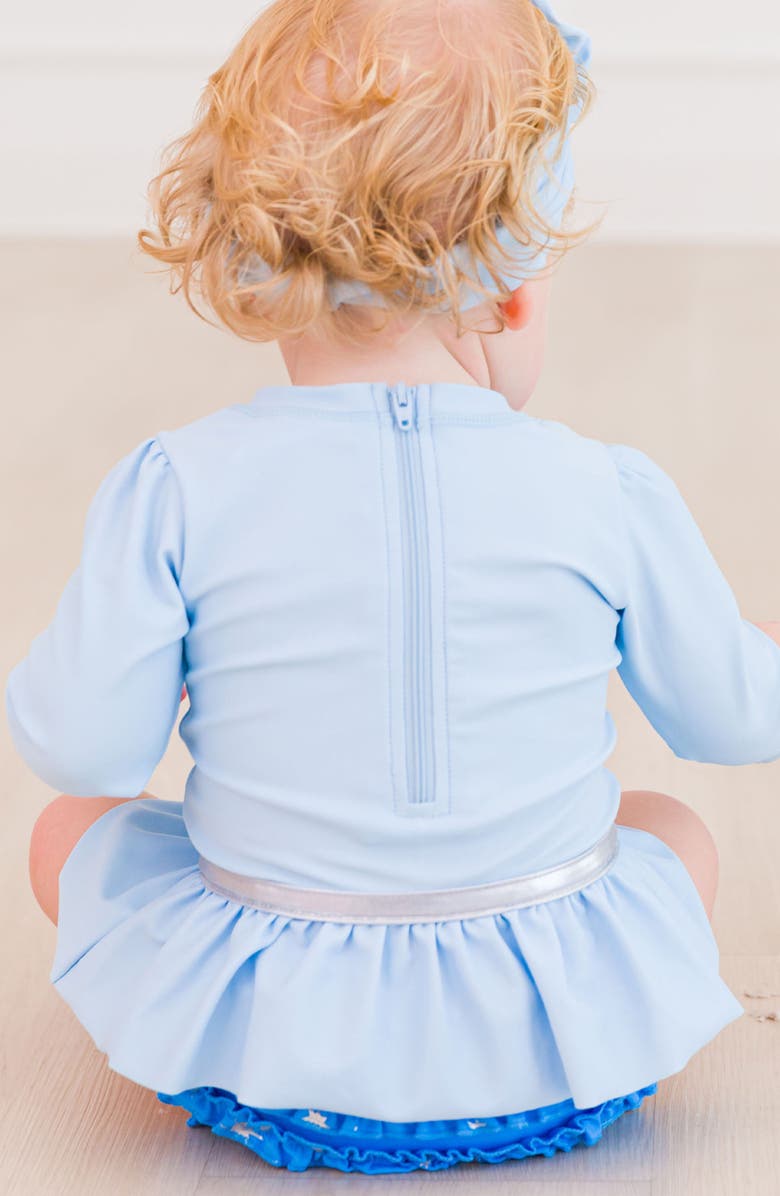 RuffleButts Princess One-Piece Rashguard Swimsuit & Bow Head Wrap Set, Alternate, color, Blue