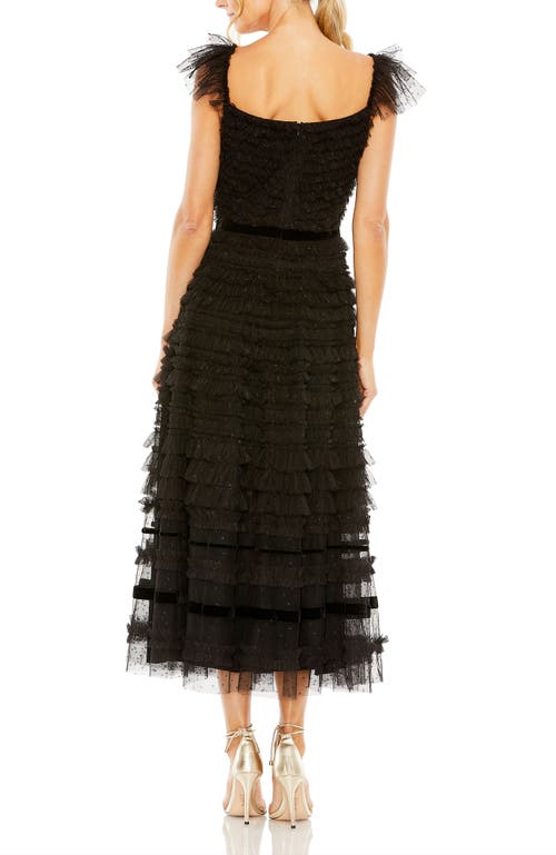 Mac Duggal Tiered Ruffle Tulle Cocktail Midi Dress In Black