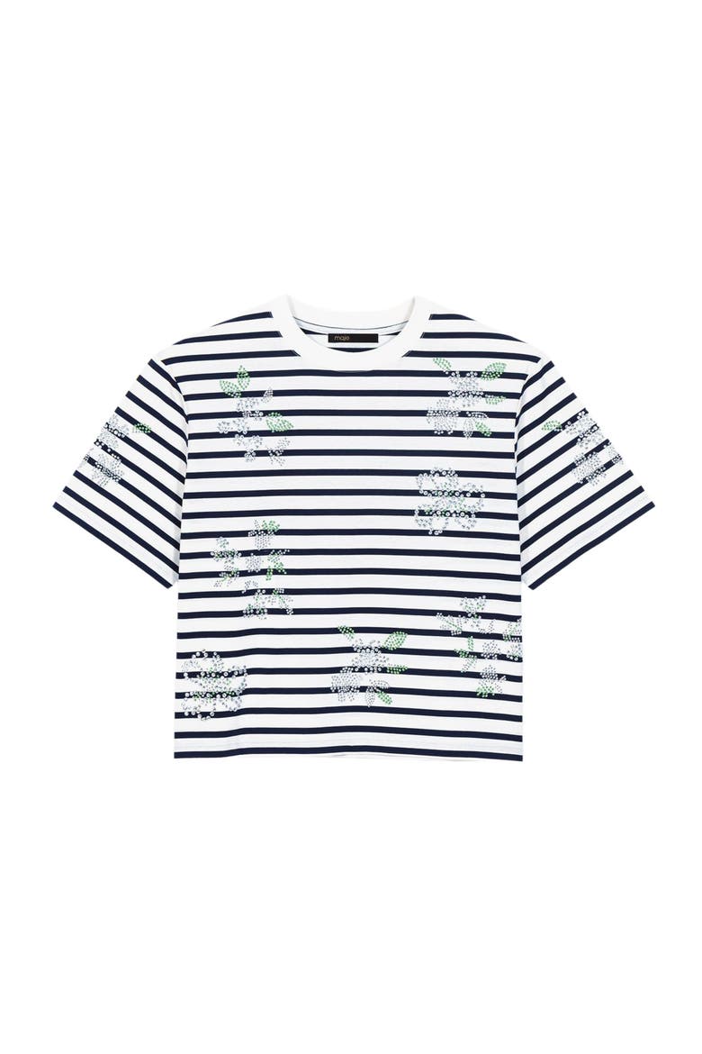 Striped rhinestone flower T-shirt, Alternate, color, White