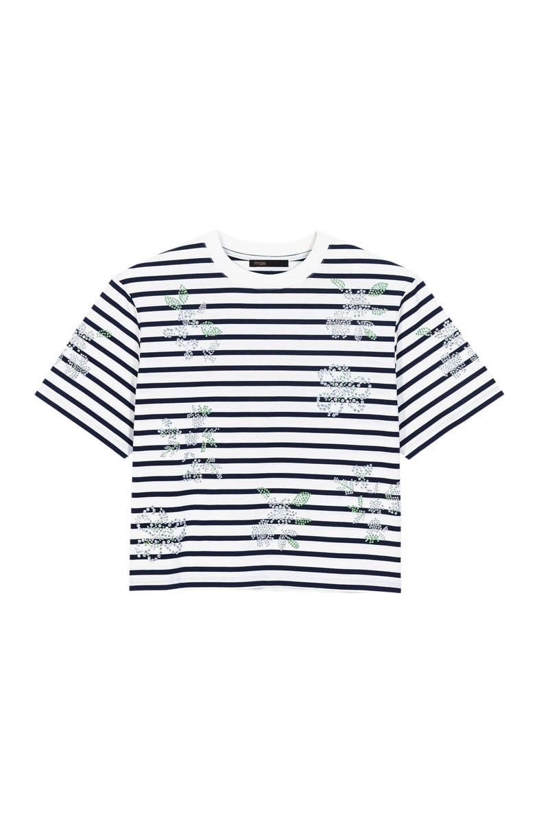 maje Striped rhinestone flower T-shirt, Alternate, color, White
