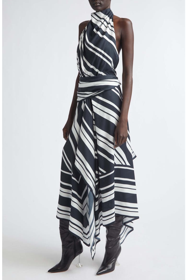 Marin Stripe Scarf Halter Midi Dress, Alternate, color, BLACK/ WHITE STRIPE