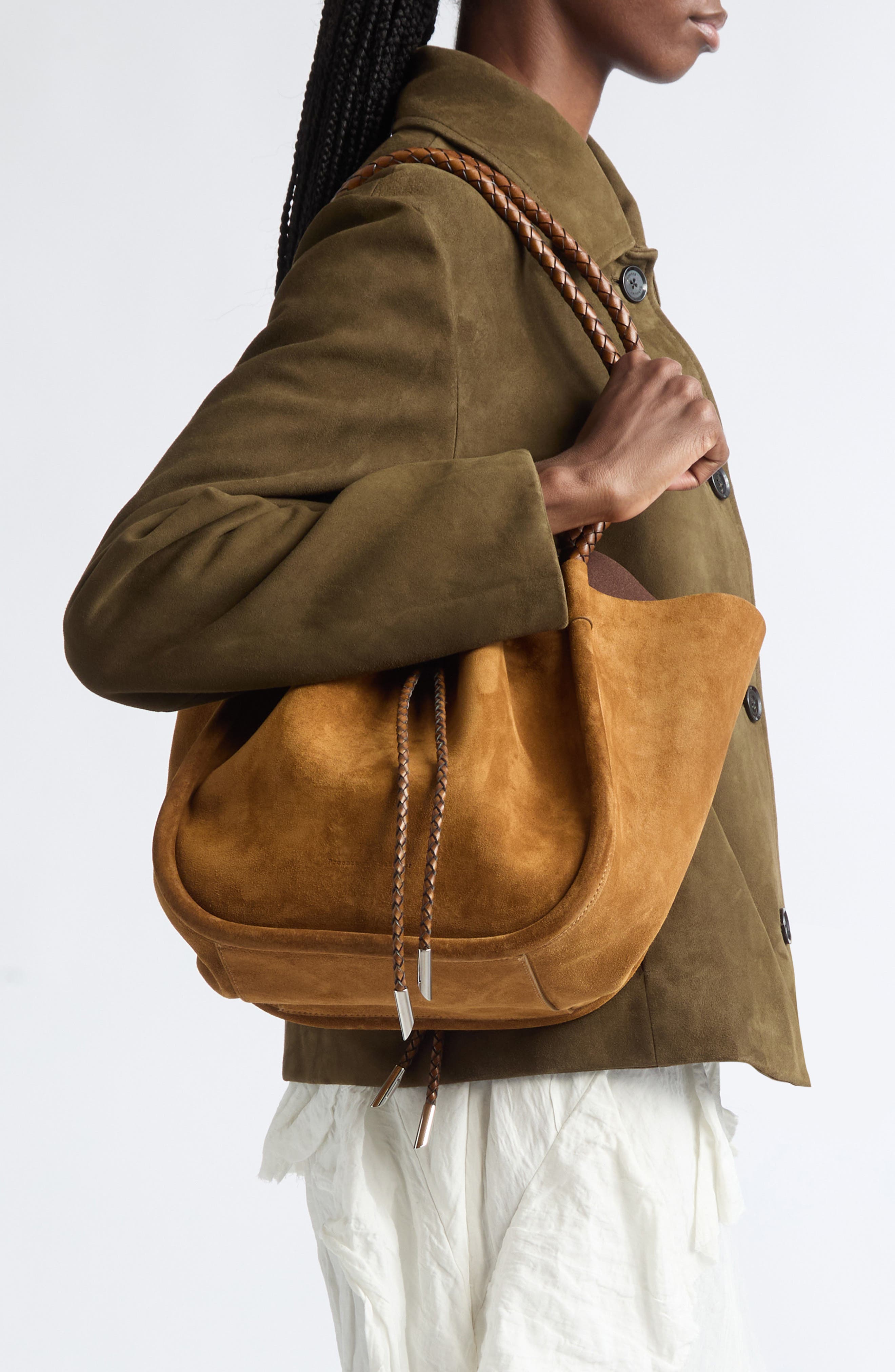 Large Ruched Suede Tote, Alternate, color, HAZELNUT