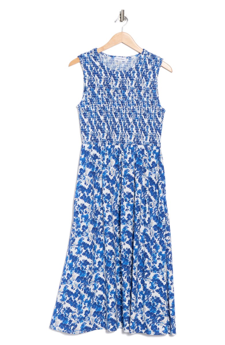 Calvin Klein Floral Smocked Bodice Midi Dress, Alternate, color, White Multi