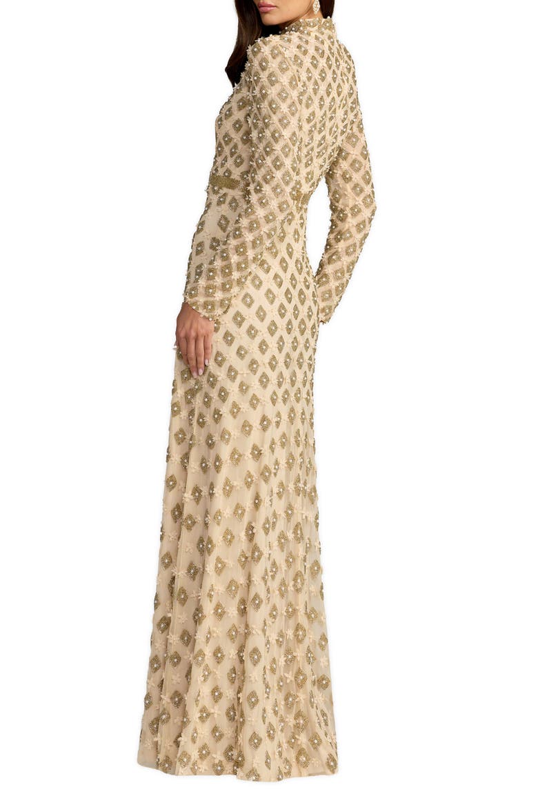 Mock Neck Long Sleeve Embellished A-Line Gown, Alternate, color, Champagne Gold