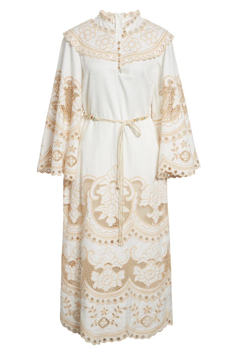 Scalloped Eyelet Trim Belted Linen Midi Dress, Alternate, color, IVORY