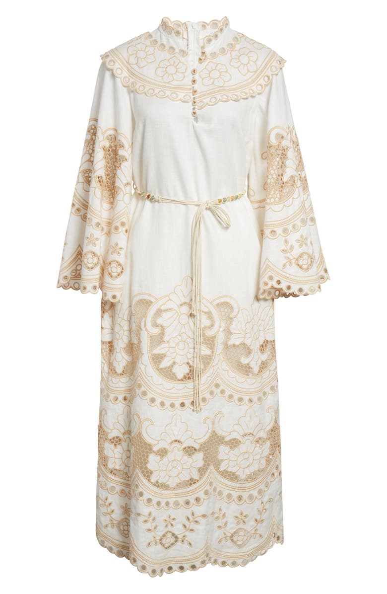 Zimmermann Scalloped Eyelet Trim Belted Linen Midi Dress, Alternate, color, Ivory