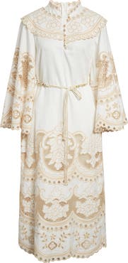 Zimmermann Scalloped Eyelet Trim Belted Linen Midi Dress