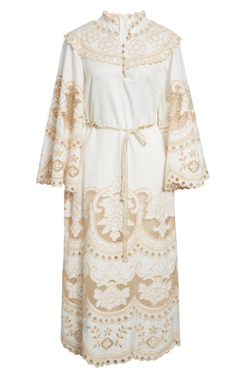 Zimmermann Scalloped Eyelet Trim Belted Linen Midi Dress In White