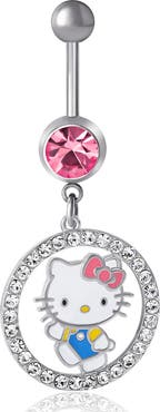 Hello Kitty 14G Stainless Steel Crystal Dangle Belly Button Ring