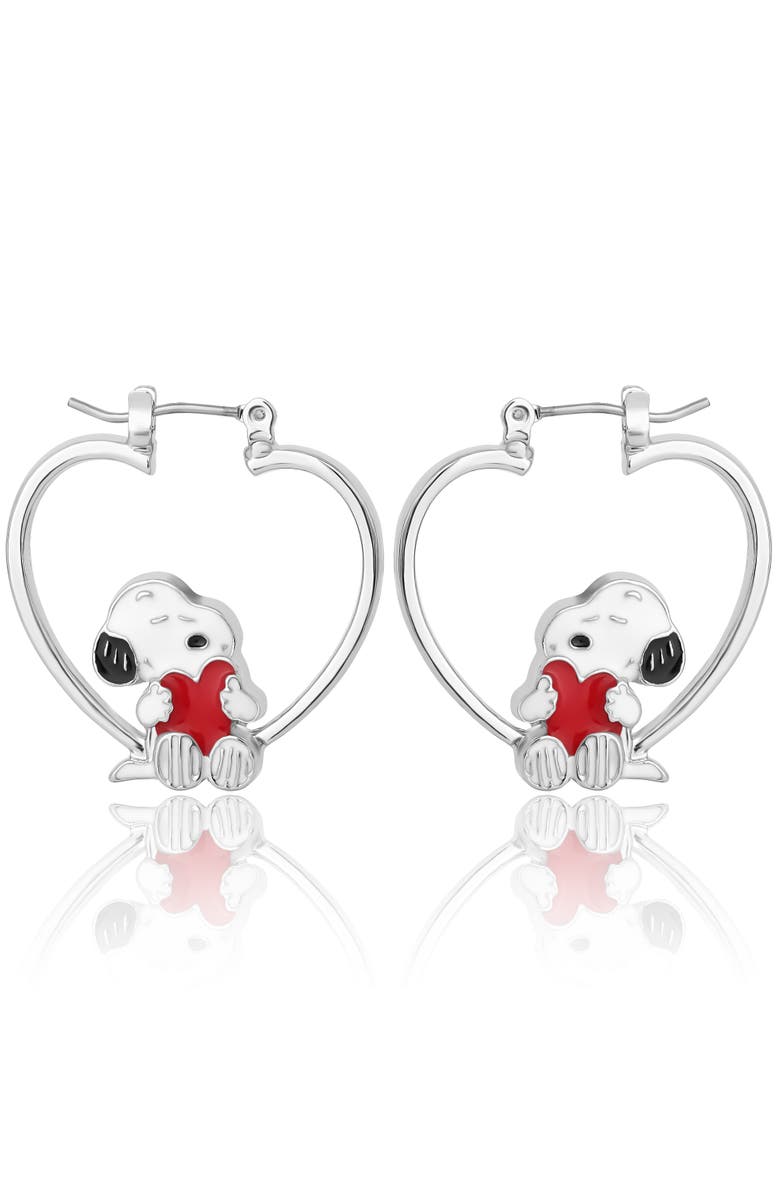 PEANUTS Snoopy Heart Hoop Earrings, Main, color, Silver
