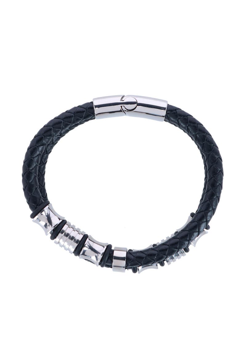 Loose Fit Silver and Leather 2 Band Secure Clasp Leather Bracelet, Alternate, color, Black And Silver