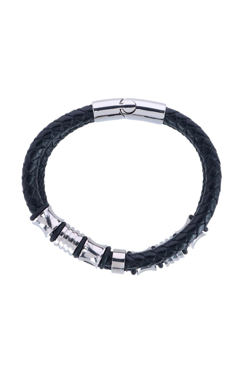 Trafalgar Loose Fit Silver and Leather 2 Band Secure Clasp Leather Bracelet, Alternate, color, Black And Silver
