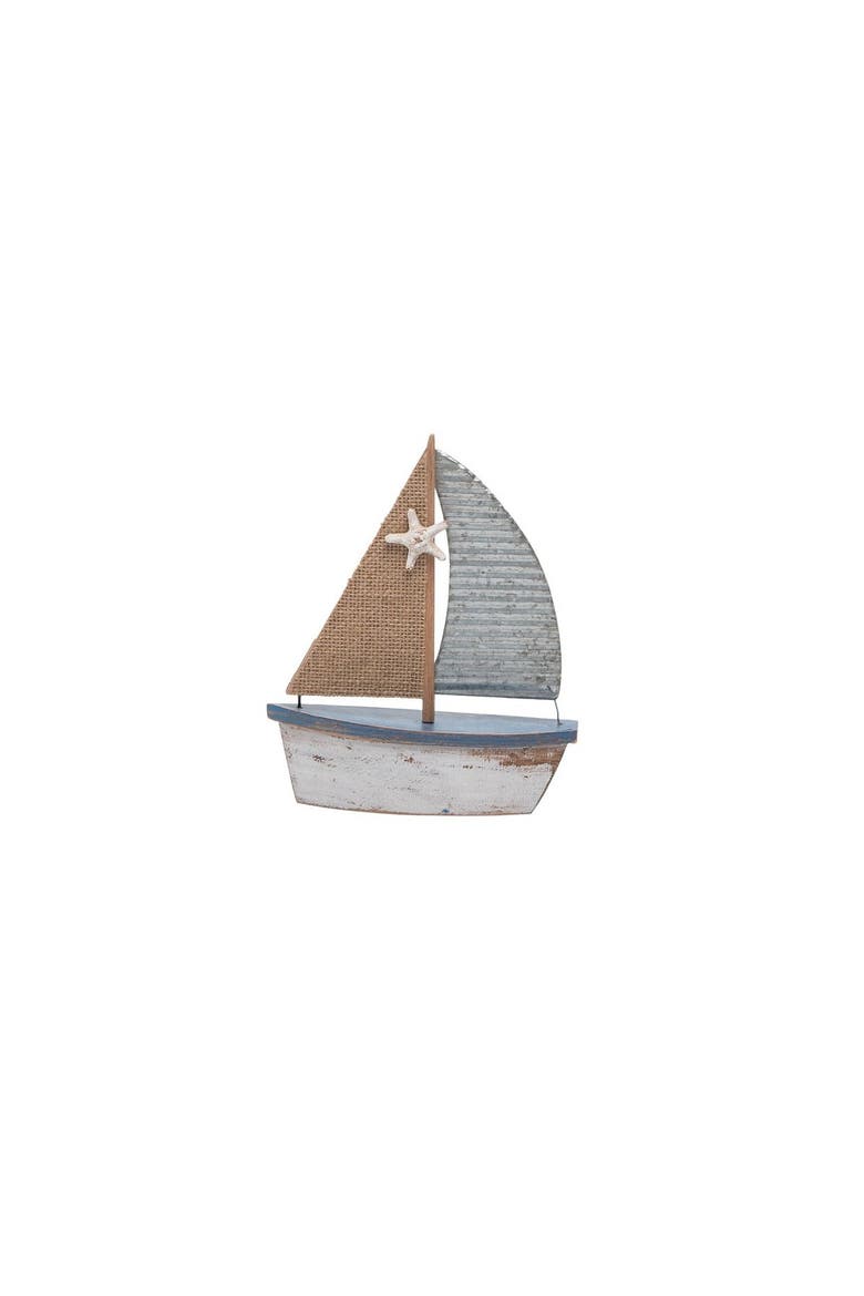 Distressed Wooden Sailboat Decorative Figurine 6.25" x 7.5", Main, color, Blue