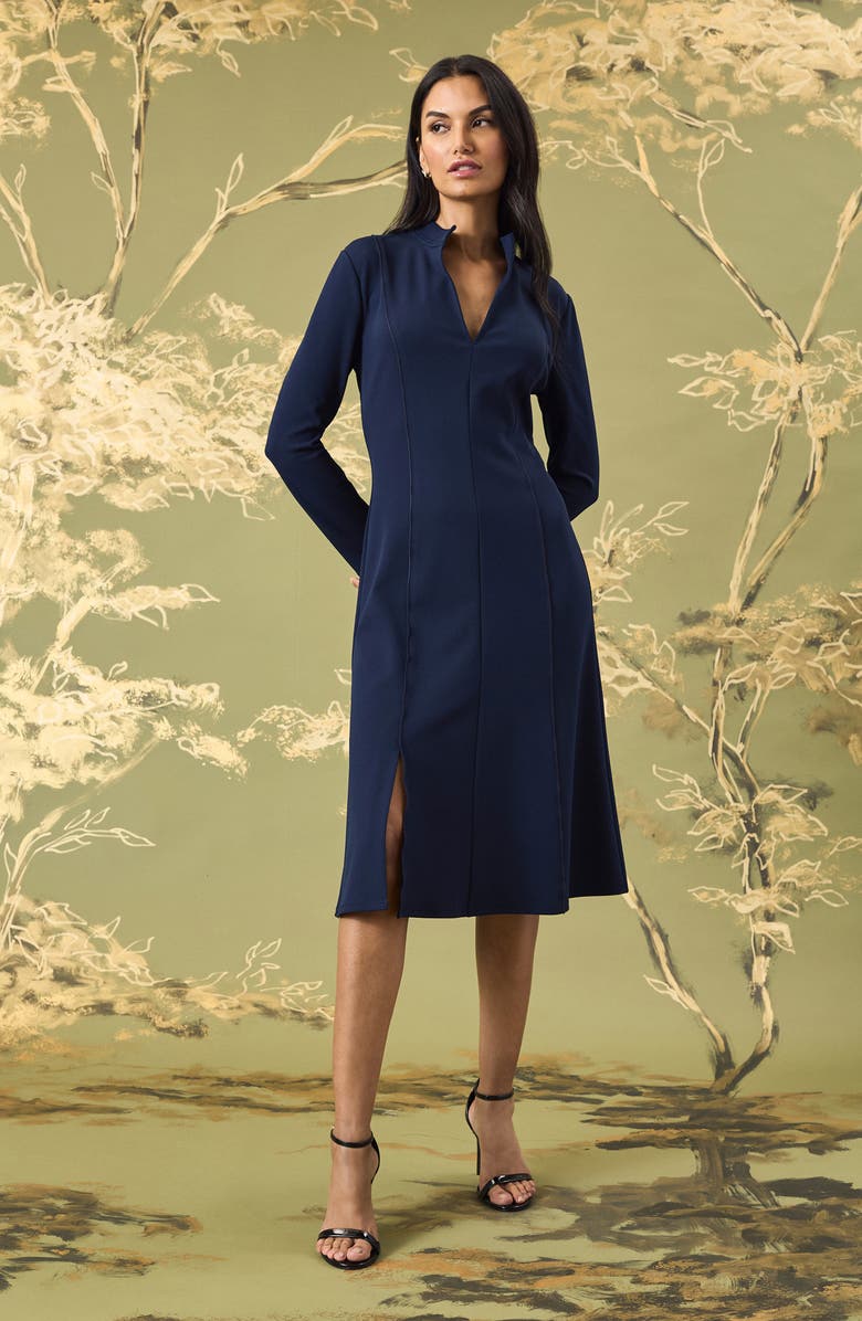 Maggy London Split Neck Long Sleeve Midi Dress, Alternate, color,