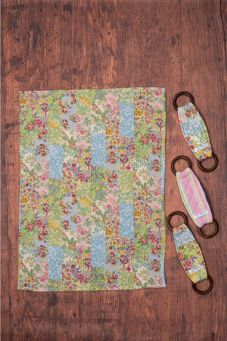 Garden Collage Patchwork Tea Towel + Set Of 3 Wooden Loop Hangers, Alternate, color, Green