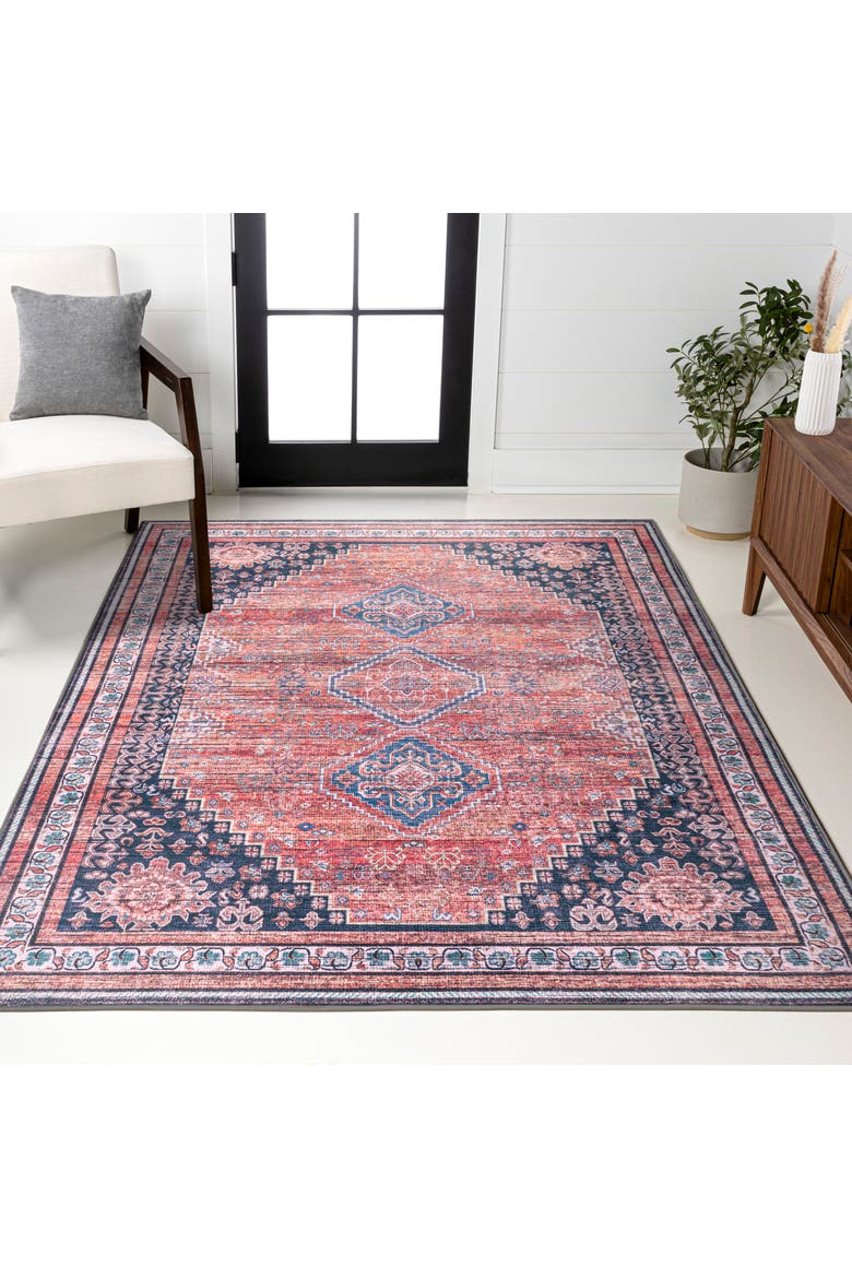 Dalyan Geometric Medallions Machine-Washable Area Rug, Alternate, color, Terra/Navy-Round