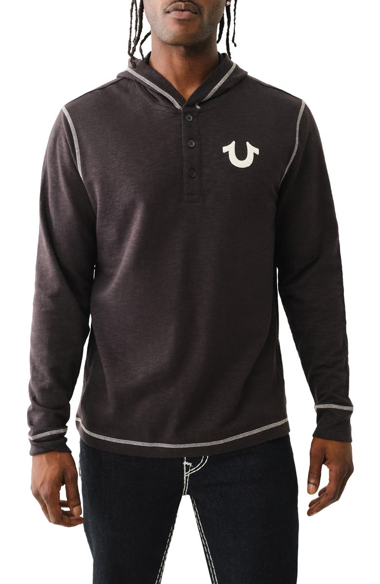 True Religion Flatlock Hooded Long Sleeve Henley T-Shirt, Main, color,