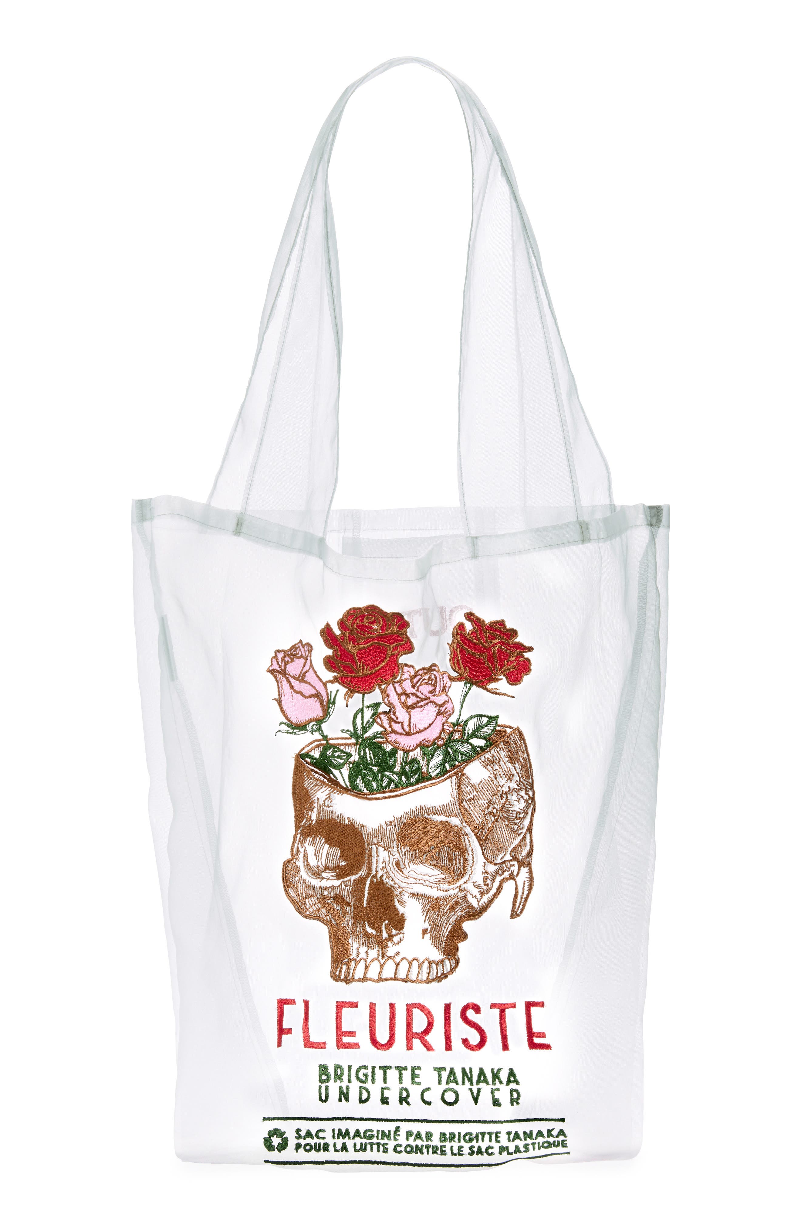Undercover x Brigitte Tanaka Flower Skull Embroidered Organza Tote, Main, color, 