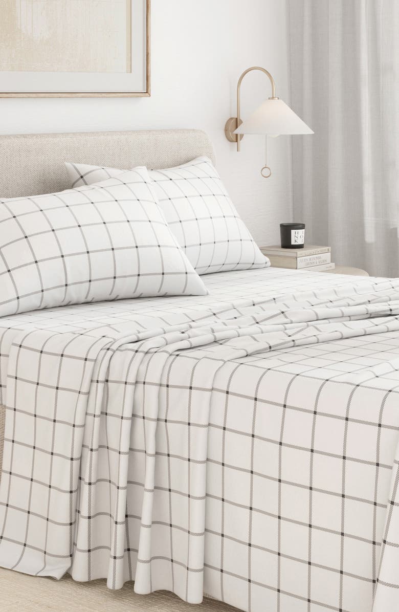 Woven & Weft Turkish Cotton Flannel Plaid Sheet Set, Alternate, color, Windowpane - White / Grey
