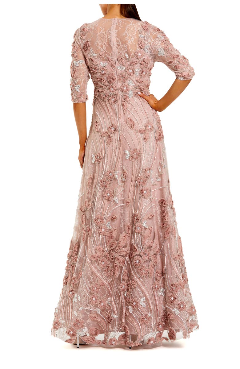 Mac Duggal Petite High Neck Embellished Lace Gown with 3/4 Sleeves, Alternate, color, Mocha