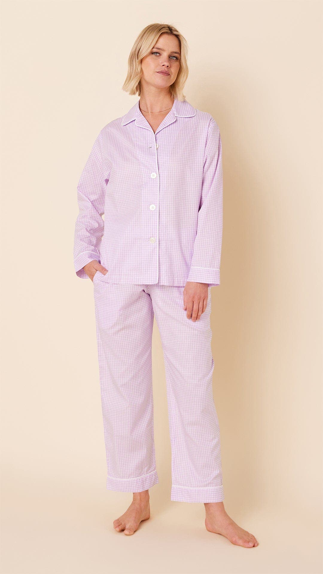 The Cat's Pajamas Luxe Pima Pajama Set in Classic Gingham Lavender 