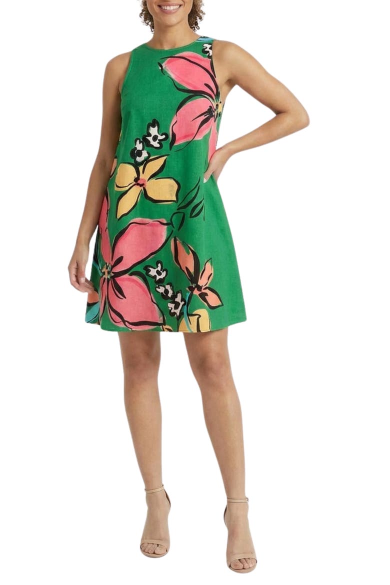 Linen Blend Trapeze Dress, Main, color, GREEN/ CORAL