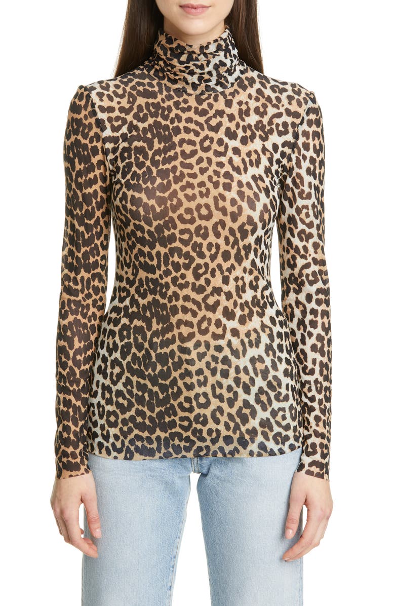Ganni Leopard Print Mesh Turtleneck, Main, color, 