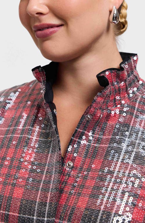 Foxcroft Carolina Sequin Plaid Cotton Blend Button-up Shirt In Animal Print