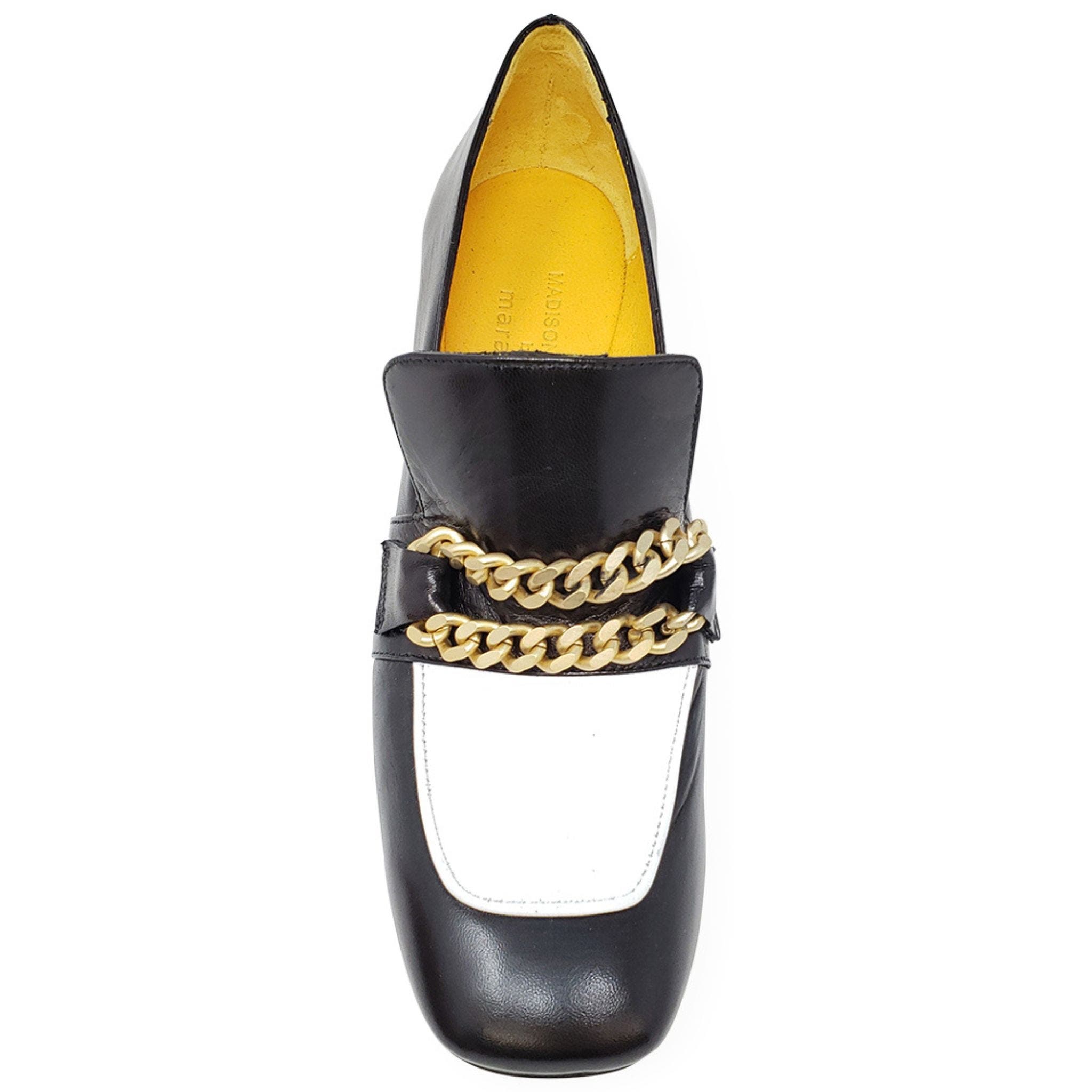 Madison Maison Mid Heel Loafer With Chain, Alternate, color, Black/White