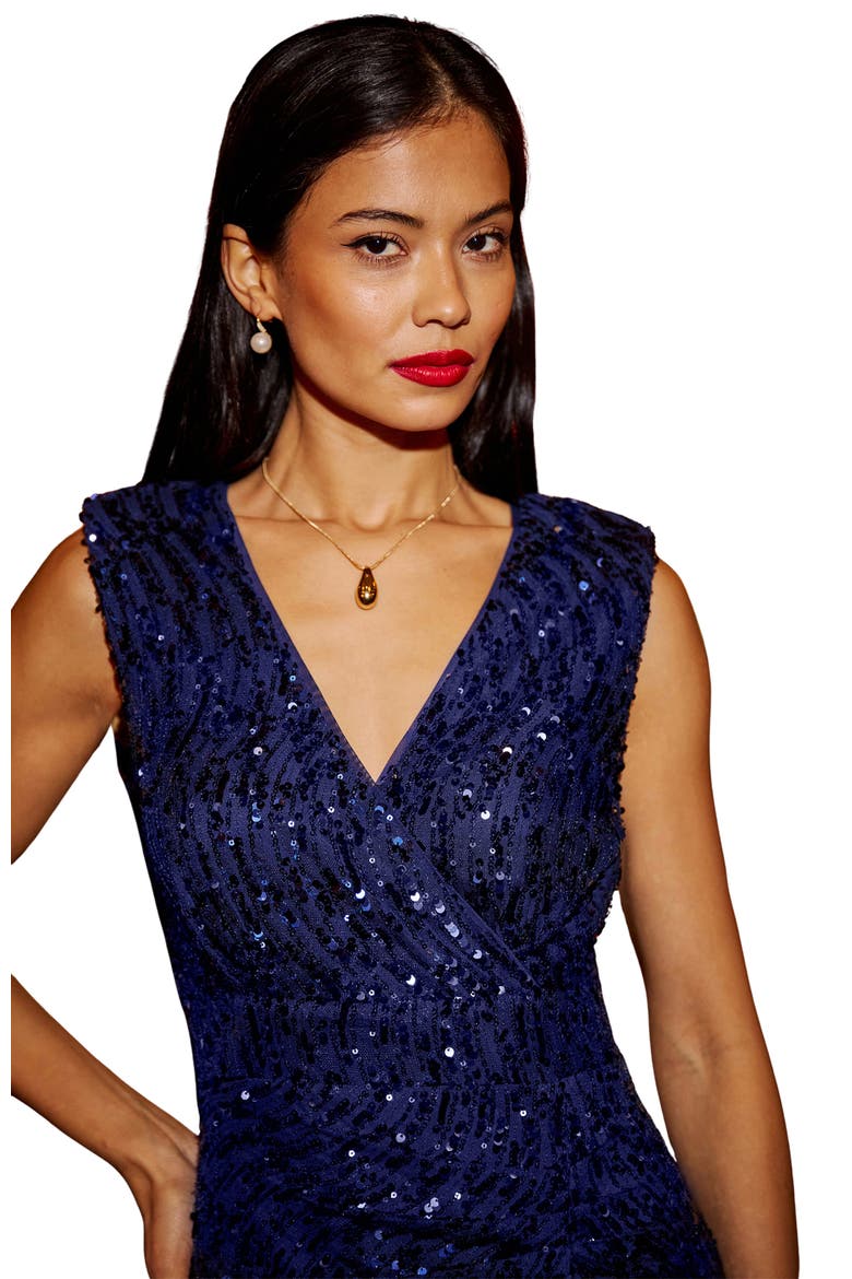 Sequin Split Hem Fitted Wrap Dress, Alternate, color, Navy