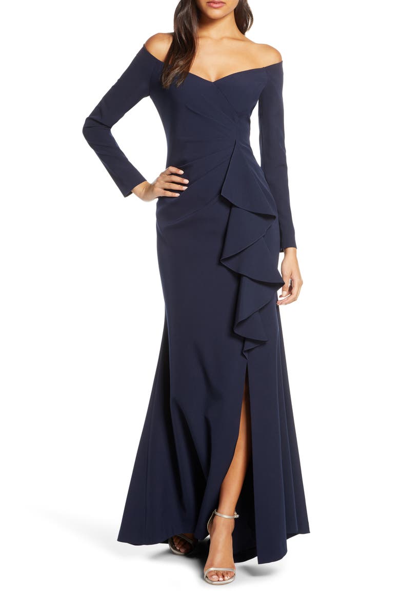 Off the Shoulder Long Sleeve Evening Gown, Main, color, NAVY
