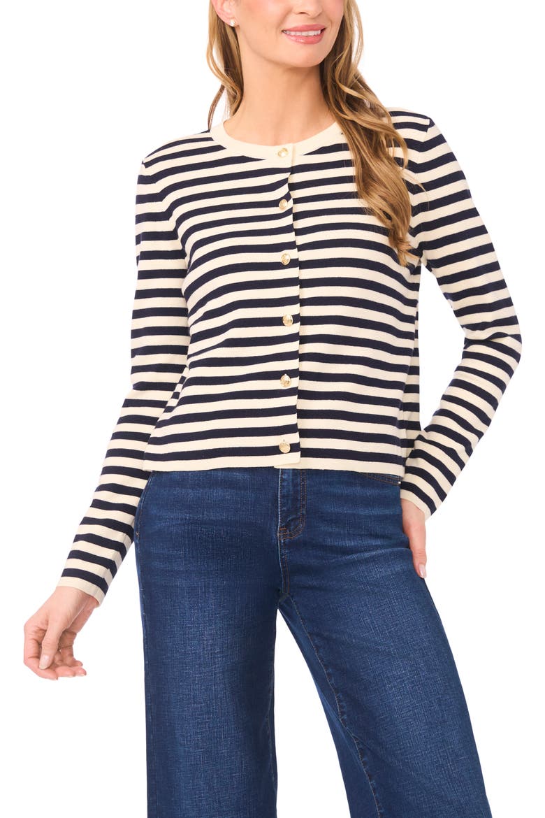 Stripe Crewneck Cardigan, Main, color, BARITONE BLUE