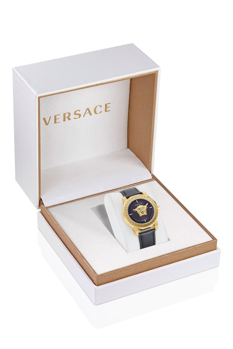 Medusa Deco Leather Strap Watch, 38mm, Alternate, color, IP YELLOW GOLD