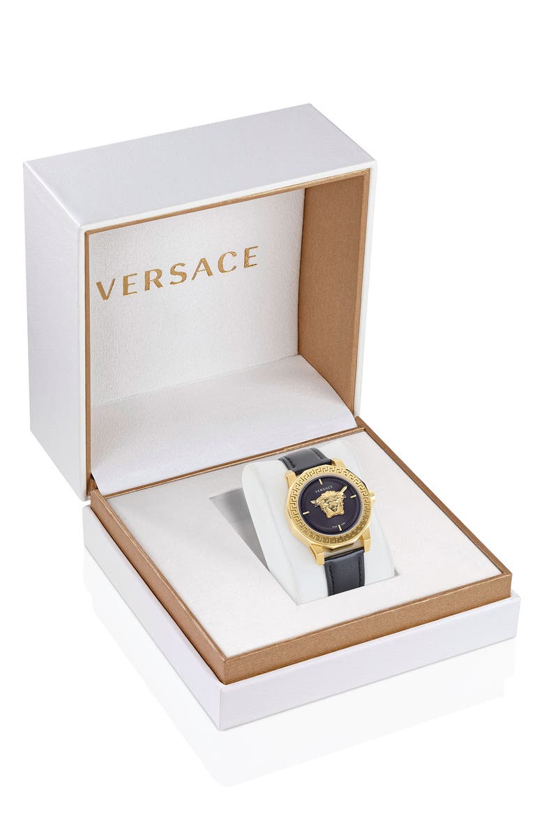 Versace Medusa Deco Leather Strap Watch, 38mm, Alternate, color, Ip Yellow Gold