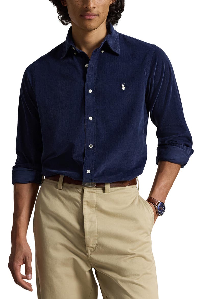21 Wale Corduroy Button-Down Shirt, Main, color, NAVY