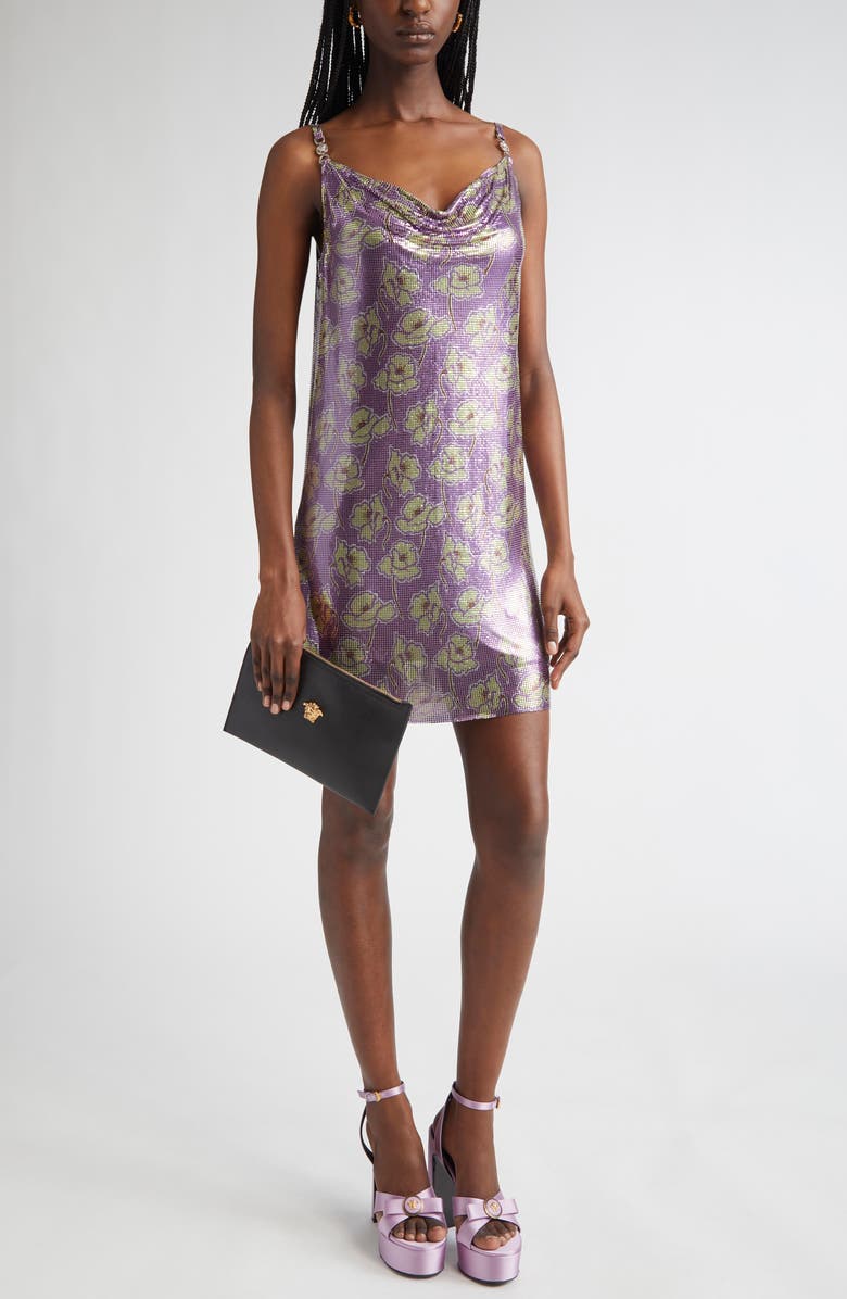 Versace Poppies Metallic Mesh Cocktail Dress, Main, color,