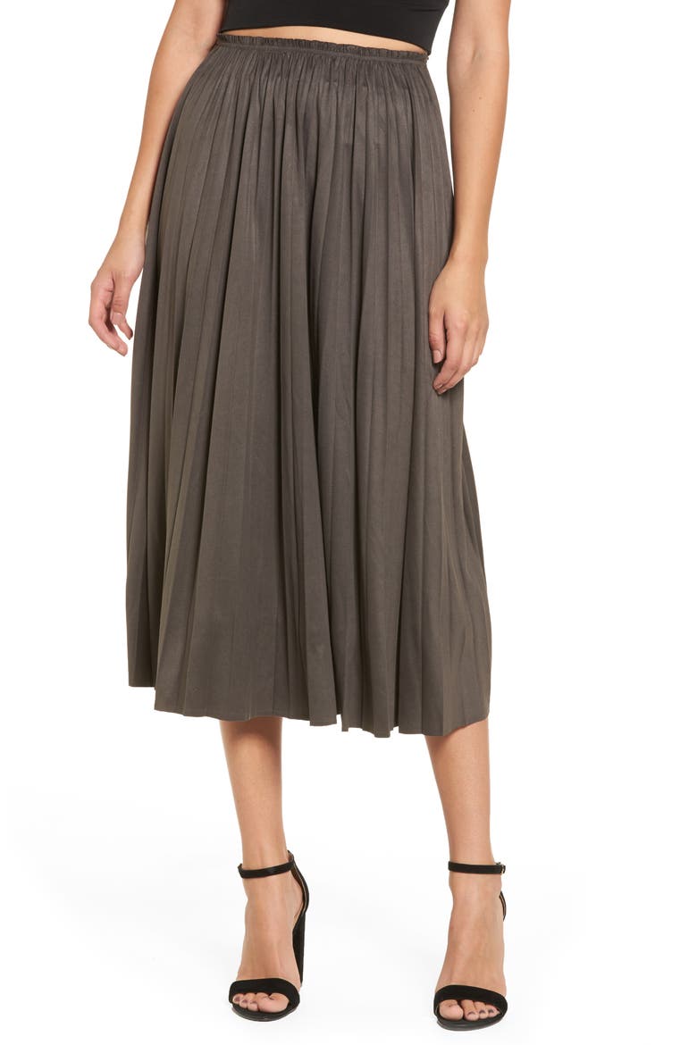 Pleated Faux Suede Midi Skirt, Main, color, OLIVE