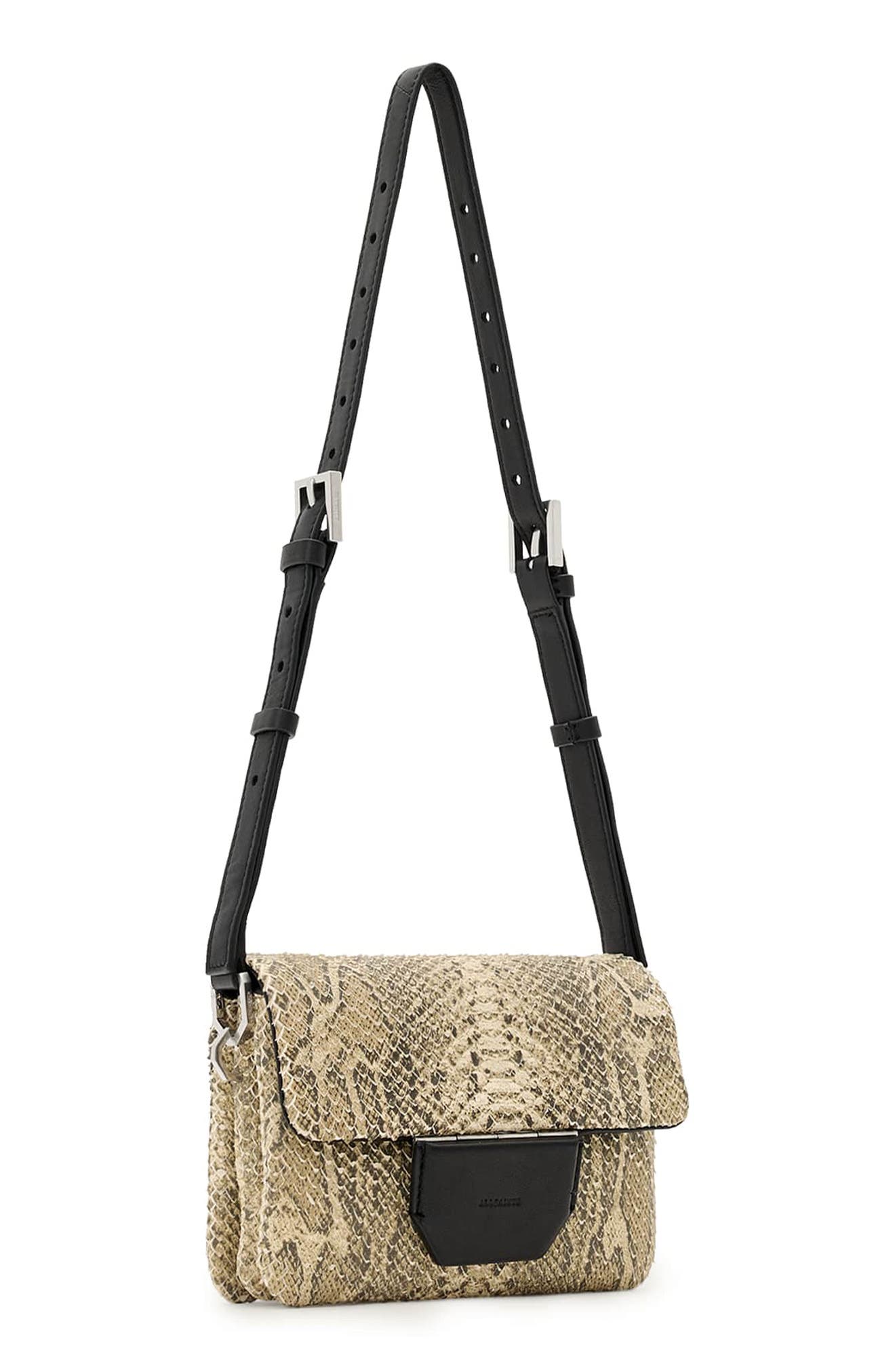 AllSaints Jupiter Snakeskin Embossed Leather Crossbody Bag, Alternate, color, Desert White