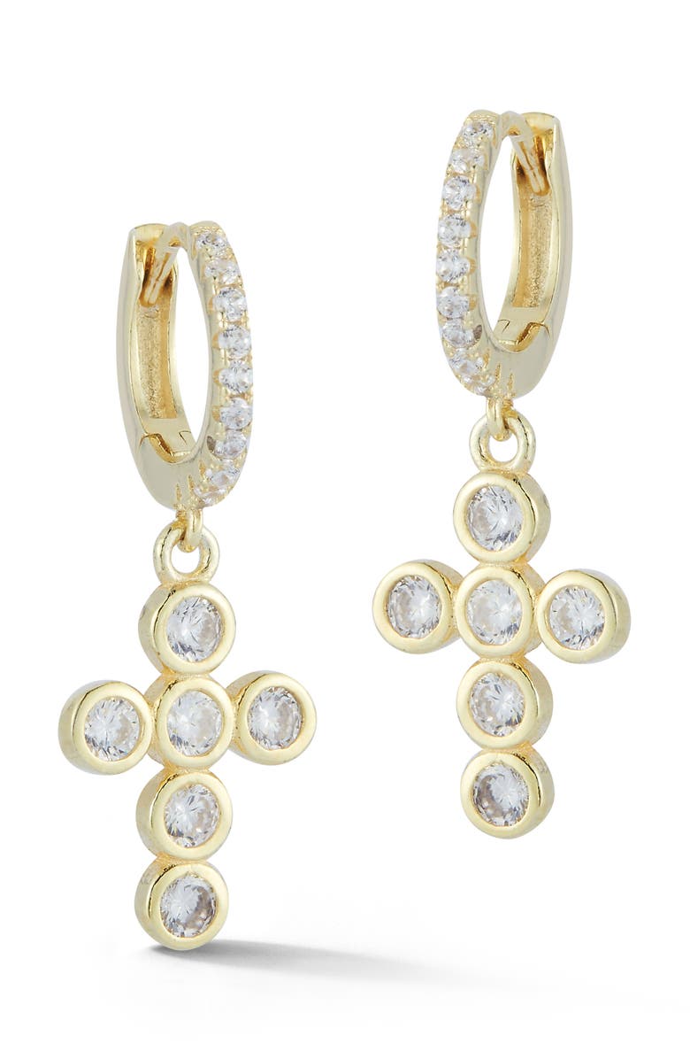 GLAZE JEWELRY Cubic Zirconia Sterling SIlver Cross Huggie Hoop Earrings, Main, color, Gold